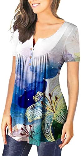 Bayan Çiçek Tunik Üstleri Günlük Rahat T-Shirt Moda Düğmeleri V Yaka Pilili Kısa Kollu Tees Baz Katman Gömlek