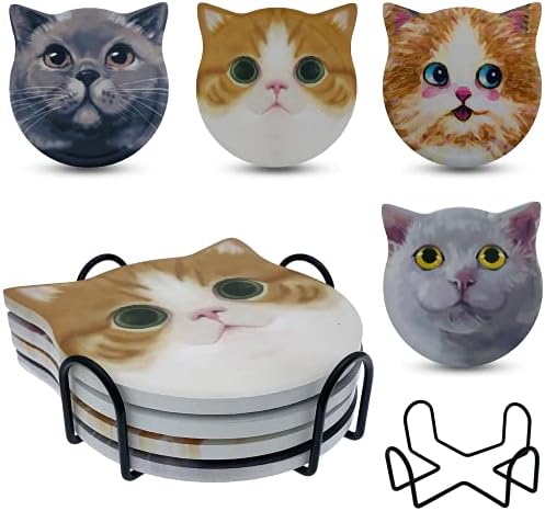 Kedi Bardak İçecekler için Emici Tutucu ile 4 Set, Sevimli Yavru Kedi seramik fincan Bardak Mantar Alt Ahşap Ofis