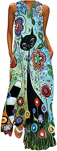 Kadın Rahat Gevşek Maxi Elbise Vintage Çiçek Baskı Sundress V-Tel Boyun Kat Uzunluk Kolsuz Tank Elbiseler