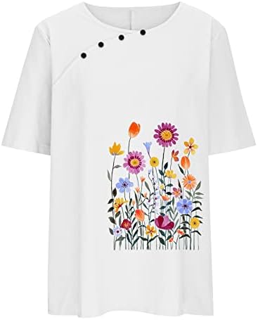 Artı Boyutu Keten Üstleri Kadınlar için Bahar Çiçek Üst Kısa Kollu Yuvarlak Boyun Gömlek Yaz Yumuşak Rahat Üstleri
