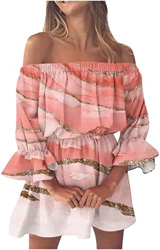 COTECRAM kadın Yaz Kısa Kollu Boho Çiçek Baskı Sevimli Salıncak Bir Çizgi Plaj Mini Elbise Rahat Gevşek Sundress Tunik