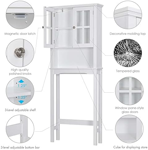 Spirich Home Tuvalet Üstü Banyo Dolabı, Pencere Camlı Cam Kapılı ve Ayarlanabilir Raflı Banyo Saklama Dolabı, Tuvalet