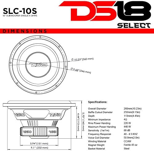 DS18 SLC10S Araba Subwoofer Ses Hoparlörü-10 inç. Kağıt Cam Elyaf Koni, Siyah Çelik Sepet, Tek Ses Bobini 4 Ohm Empedans,