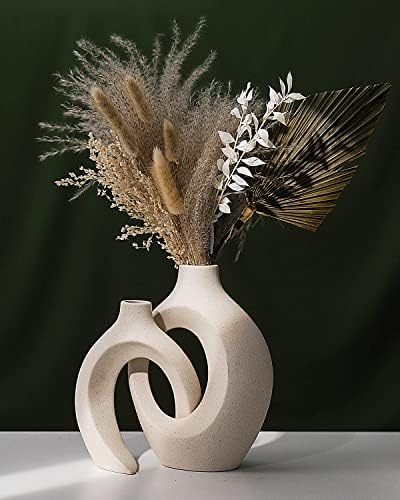 GOLDTİMO Dekor için Beyaz Seramik Vazo, Modern Ev Dekoru Vazo 2'li Set, Daire Mat İçi Boş Çörek Pampas Çiçek Vazoları