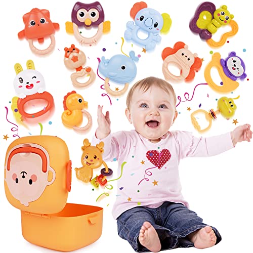 Kutu ile 12 adet bebek çıngıraklar oyuncak seti - Diş kaşıyıcı, çalkalayıcı, Spin ve kapmak Bebekler için bebek oyuncakları
