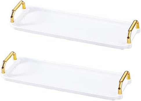 Altın Saplı 2 Paket Plastik Servis Tepsisi”1 Duvarlı 12 x 4 inç Beyaz Dekoratif Tepsi, Uzun Dar Sehpa Tepsisi Dikdörtgen
