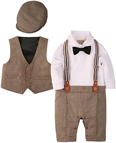 Erkek bebek Kıyafetleri Seti, 3 adet Uzun Kollu Beyefendi Tulum ve Yelek Ceket ve Bere Şapka papyon