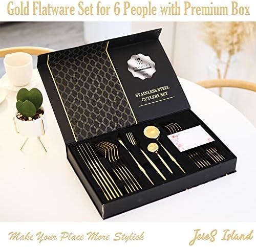 6 Kişilik altın 24 Gümüş set, Premium kutu ve Hediye Mektubu ile hediye setleri, Paslanmaz Çelik çatal bıçak kaşık
