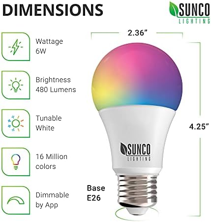Sunco Akıllı WiFi Ampuller Alexa A19 Kısılabilir Akıllı LED, Renk Değiştiren RGB, 6W, 480 LM, E26 Taban, Çok Renkli,