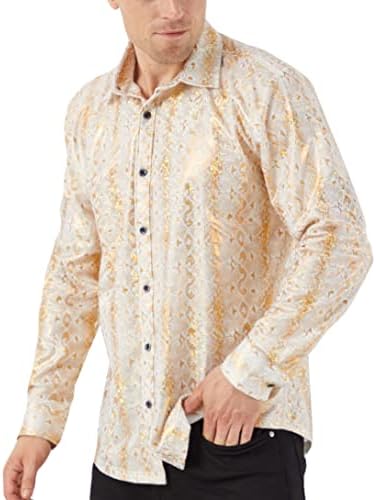 WULFUL erkek Lüks Disko Parti Balo Paisley Altın Parlak Uzun Kollu Elbise Gömlek Düğme Aşağı Gömlek