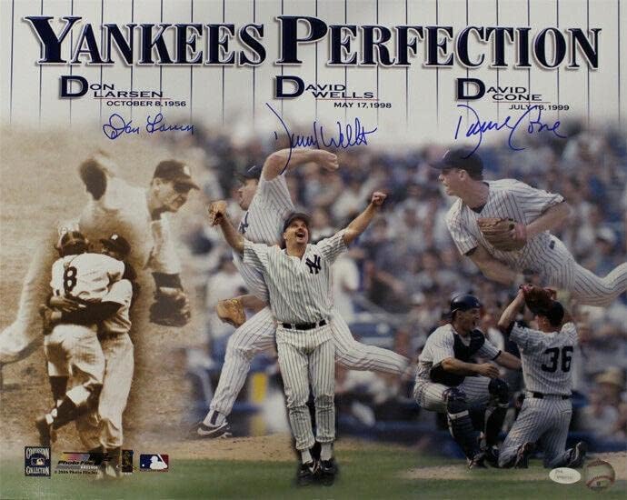New York Yankees İmzalı Mükemmel Oyun 16x20 Fotoğraf Larsen Wells Koni JSA 14018 PF İmzalı MLB Fotoğrafları