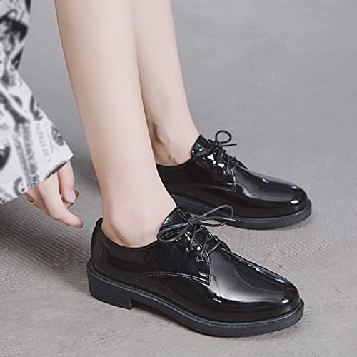 Kadın düz ayakkabı Bayan Siyah Düz Eğlence Kadın Düz Renk Suni Deri Sonbahar Kare Topuklu Lace Up Yuvarlak Ayak Ayakkabı
