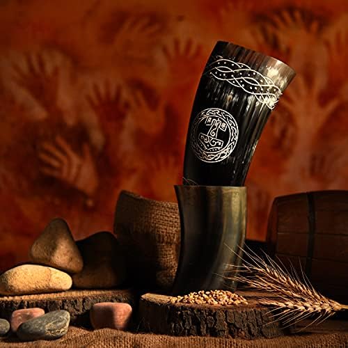 Odin Viking İçme Boynuz Kupa 15 İnç Büyük El Kazınmış Mjolnir Öküz Boynuzları Cilalı Gıda Sınıfı-Standlı Ortaçağ Bira