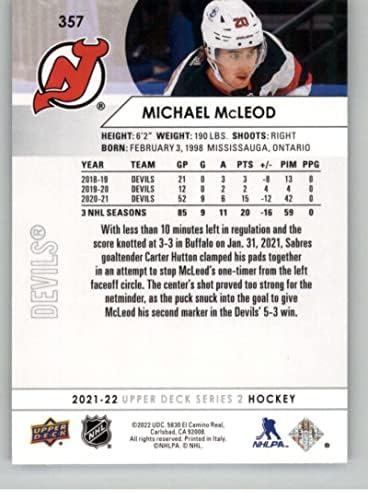 Hokey NHL 2021-22 Üst Güverte 357 Michael McLeod NM Yakın Nane NJ Şeytanlar