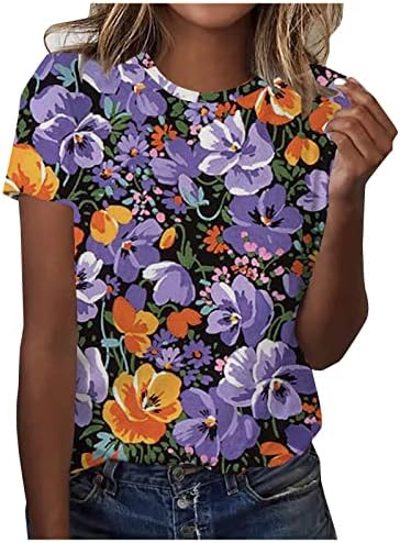 Kadın Üstleri İlkbahar ve Yaz 2023 için Casual Ekip Boyun T-Shirt Çiçek Baskı Kısa Kollu Üstleri