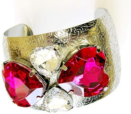 Lınpeng Akrilik Açık Manşet Kadın Oyma Metal Bileklik Kalp Taş Dekor', Pembe Gümüş