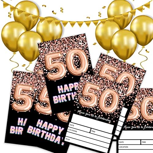 SHLİNCO 50th Doğum Günü Davetiyeleri Siyah Altın Glitter Doğum Günü Partisi, 50 Doğum Günü Davetiyeleri Kızlar için,