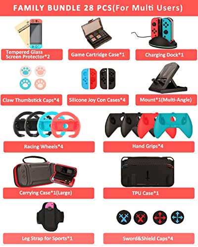 Switch Aksesuarları-Nintendo Switch için Aile Paketi Aksesuarları, Taşıma Çantası ve Ekran Koruyucu, 4 Paket Joy Con