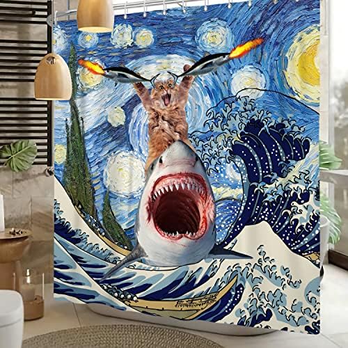 ASDCXZ Komik çocuk duşu Perdesi, Serin Kedi ve Balina Köpekbalığı Japon Kanagawa Okyanus Dalgası Mavi Banyo Dekor