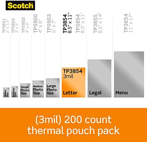 Scotch Termal Laminasyon Poşetleri, 200'lü 1'li Paket, 8,9 x 11,4 inç, Harf Boyutunda Sayfalar, Şeffaf, 3 Mil (TP3854-200)