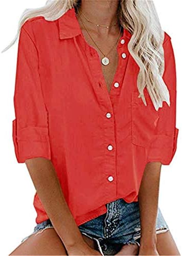 Andongnywell Kadınlar Katı Renk V Boyun Hırka Bluz Casual Gevşek Tunik Uzun Kollu V Yaka Düğme Gömlek