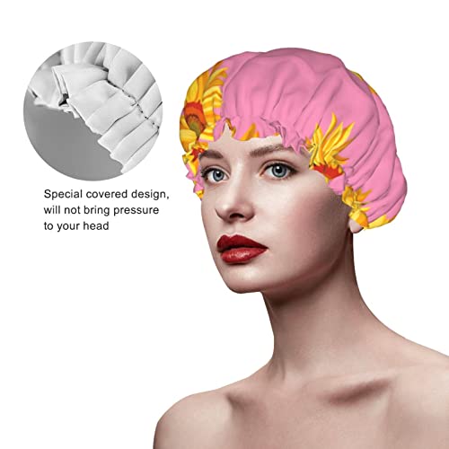 Kadınlar Kullanımlık Streç Hem Saç Şapka Suluboya Ayçiçeği Yaz Pembe Çift Katmanlar Su Geçirmez Duş Başlığı banyo