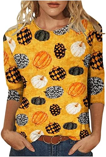 Bayan 3/4 Kollu Pamuk Crewneck Grafik Tatil Cadılar Bayramı Salonu Gevşek Fit Üst Tee Yaz Sonbahar T Shirt Bayanlar