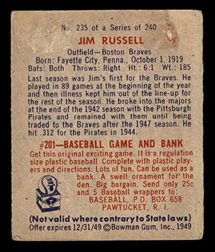 1949 Okçu 235 Jim Russell Boston Braves (Beyzbol Kartı) ADİL Braves
