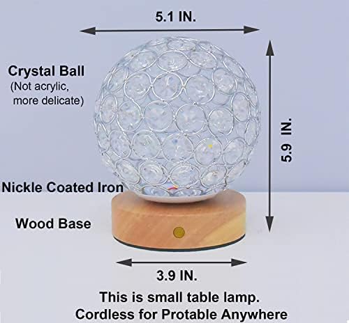 AFORTLO Şarj edilebilir Akülü masa lambası, Kristal top ahşap taban Akülü dokunmatik kontrol (Kademesiz parlaklık
