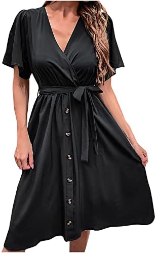 Lmdudan Yaz günlük elbiseler kadın Moda Düz Renk V Boyun Düğmesi askı elbise Gevşek Rahat kısa kollu parti elbisesi