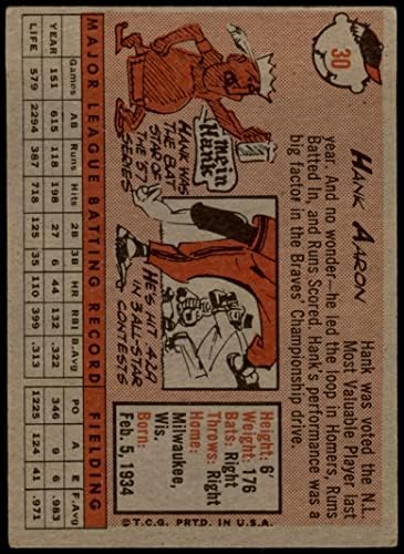 1958 Topps 30 WN Hank Aaron Milwaukee Braves (Beyzbol Kartı) (Beyaz Harflerle İsim) VG Braves