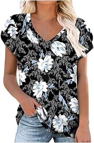 Kadın Yaz Petal Kollu T Shirt Her Yerinde Çiçek Baskı Gömlek V Boyun Kısa Kollu Üstleri Şık Bayanlar Bluzlar