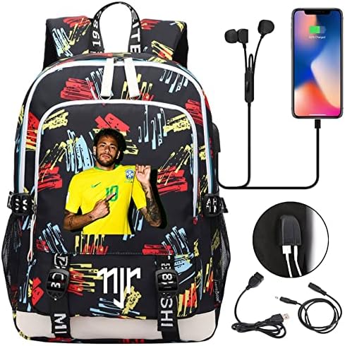 GENGX WesQi Çocuklar Gençler Rahat Laptop Çantası-Neymar JR Grafik Seyahat Çantası, USB şarj Portu ve Kulaklık Portu