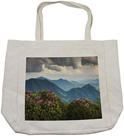 Ambesonne Appalachian Alışveriş Çantası, Blue Ridge Dağ Zirveleri ve Kabarık Bulutlarla Açan İlkbahar Açelya Çiçekleri,