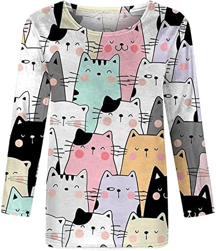 Bayanlar 3/4 Kollu Üstleri Sevimli Kedi Kitty Grafik Kısa Kollu T Gömlek Casual Gevşek Crewneck Kazak Tunikler