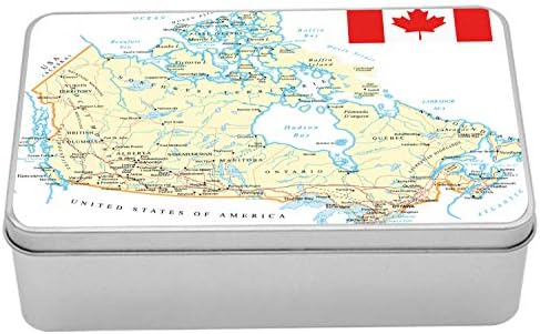Ambesonne Kanada Teneke Kutu, Bayraklı Topografik Ülke Arazi Adları, Kapaklı Taşınabilir Dikdörtgen Metal Organizatör