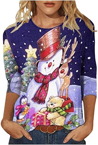 Çirkin Noel Kazak Kadınlar için 3/4 Kollu Crewneck Kazak Tops 3D Kardan Adam Noel Ağacı Baskı Komik Grafik T Shirt