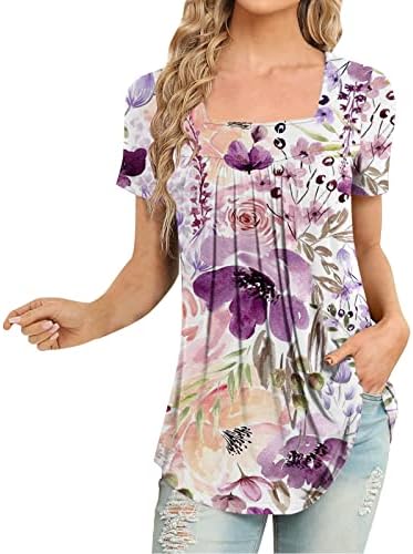 Kadın Kısa Kollu Tunik Üstleri, Kadın günlük t-Shirt Gizlemek Göbek Gömlek Elastik Bluz Zarif Kare Boyun Çiçek T Shirt