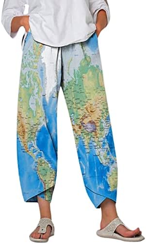 LMSXCT kapri pantolonlar Kadınlar için Dünya Haritası Baskı Elastik Bel Pamuk Keten Pantolon Gevşek Geniş Bacak Plaj