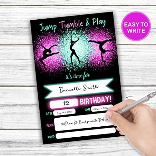 Jump Tumble & Play Doğum Günü Davetiyeleri, Neon Pembe Folyo Jimnastik Doğum Günü Partisi Davetiyeleri Süslemeleri,