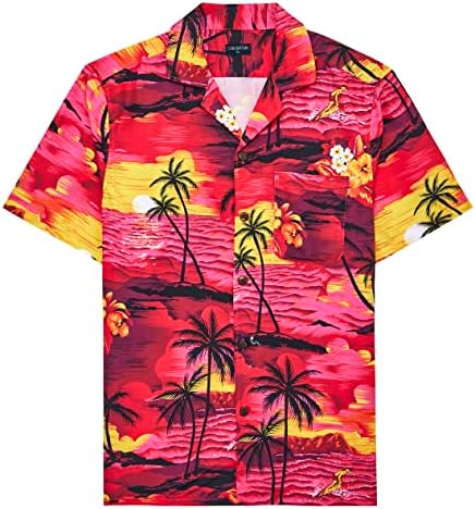 LOKUBATON Rayon Erkek Hawaii Gömlek Düzenli Fit Kısa Kollu Hawaii Gömlek Erkekler için Ön Cepli