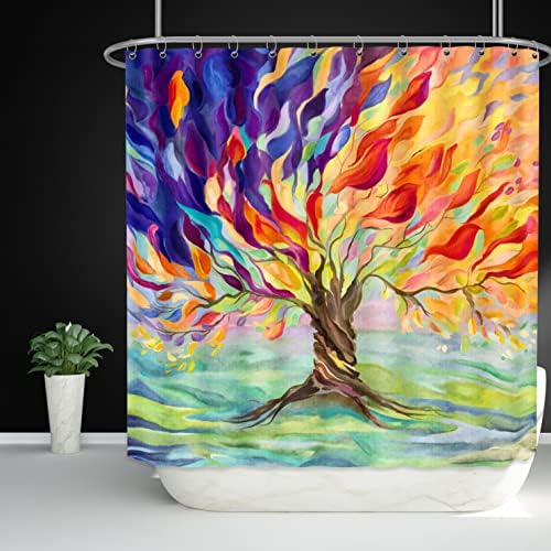vidsolar Renkli Ağaç Duş Perdesi Yağlıboya Hayat Ağacı Dekoratif Duş Perdeleri Su Geçirmez Mevsim Ağacı Estetik Küvet