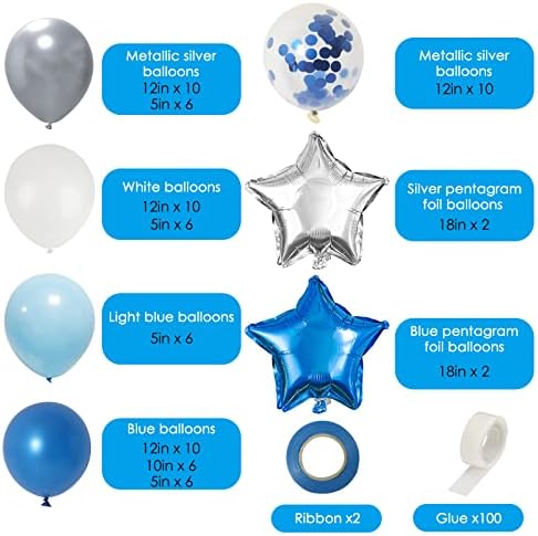 RUBFAC 88 pcs Ilk Doğum Günü Süslemeleri için Boy BİR Kutuları Mavi Gümüş ve Beyaz Balonlar Folyo Balon Asılı Swirls