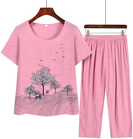 Yaz Setleri Kadınlar 2 Parça Kıyafetler Artı Boyutu Rahat Kısa Kollu T-Shirt ve Pantolon Setleri Yaşlı Kadınlar Gevşek