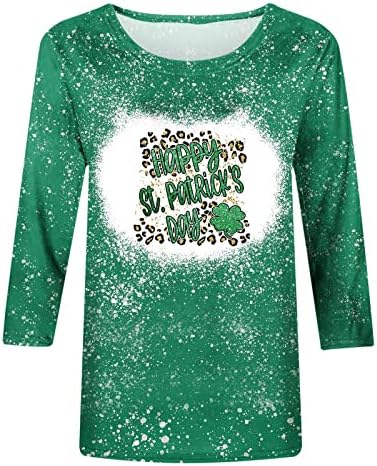 Kadın Aziz patrick Günü Üstleri 3/4 Kollu Yeşil Gömlek Komik Gnome Baskı Yuvarlak Boyun Tees Casual Ağartılmış Bluz