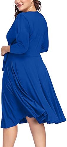 Artı boyutu gelinlik kadın v yaka düz renk yedi çeyrek kollu elbise