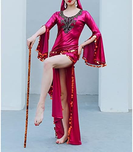 PDGJG Oryantal dans kostümü Pullu Saidi Elbise Sahne Performansı Gösterisi Giyim 4 Parça Set (Renk: Kırmızı, Boyutu: