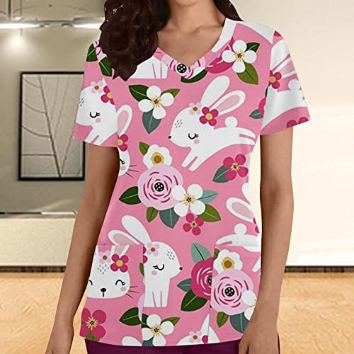 Paskalya Fırçalama Üstleri Kadın Şık Rahat İş Giysisi Bluz 2023 V Boyun Wrap Hemşirelik Üst Sevimli Komik Tatil Scrubs