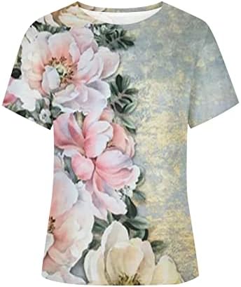 Kısa Kollu Crewneck Gömlek Kadınlar için, Bayan 2023 Moda Çiçek Baskı Yaz Üstleri Rahat Gevşek Fit Kazak Bluzlar