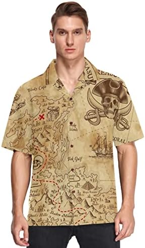 Erkek Hawaii Gömlek Retro Antika Korsanlar Macera Hazine Haritası Pusula Kısa Kollu Plaj Gömlek Düğmesi Aşağı yazlık